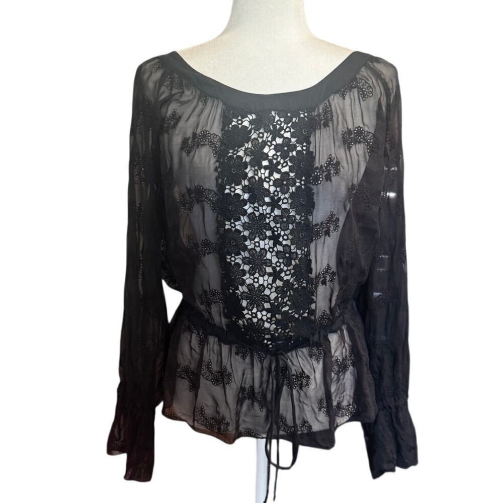 4 Love & Liberty by Johnny Was Sheer Silk Lace Blouse Black Boho Peasant Top M - Picture 2 of 7